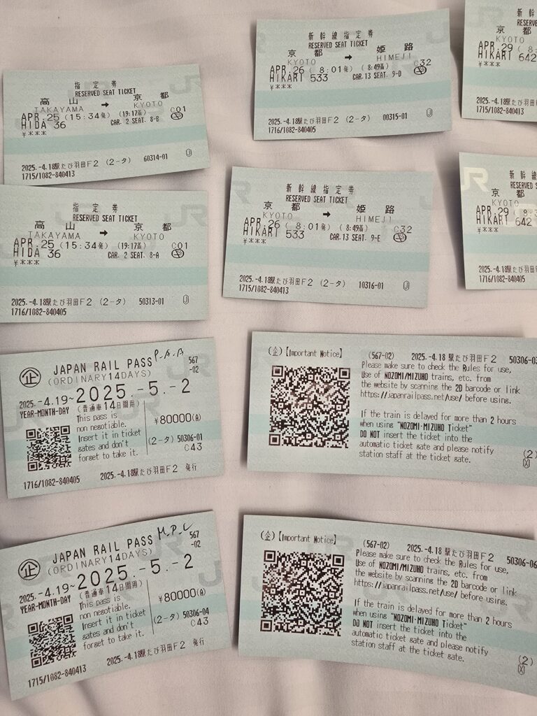 Vista aérea de múltiples billetes físicos de tren JR de Japón, incluyendo reservas de asientos para Takayama, Kioto e Himeji, junto con un pase Japan Rail Pass físico de 14 días con códigos QR visibles.