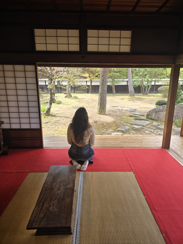 persona sentada sobre tatamis tradicionales en el histórico complejo de Takayama Jinya en Japón