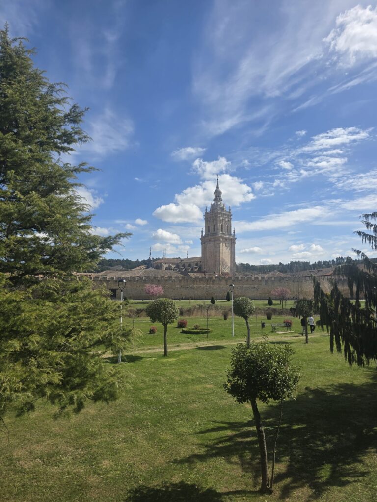 Vista panorámica desde un parque ajardinado hacia la muralla medieval de El Burgo de Osma en Soria, con la esbelta torre barroca de la Catedral de la Asunción sobresaliendo al fondo bajo un cielo azul con nubes.